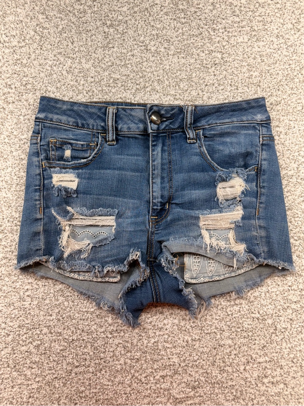 Women's American Eagle Dark Blue Distressed Hi-Rise Shortie Denim Shorts Size 8